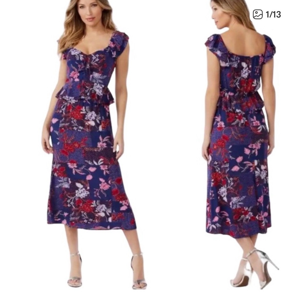 sofia by sofia vergara Purple Floral Midi‎ Dress with Ruffle Peplum